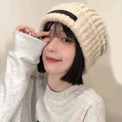 Bonnet Ample Avec Bords Roulés Et Lettres Anglaises Pour Femme, Bonnet Chaud Et Épais En Tricot Doux Pour Les Activités De Plein Air En Hiver-Beige