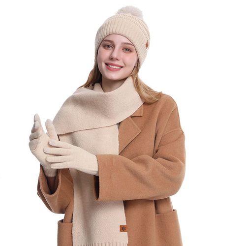 3 Pièces/Ensemble Femmes Hiver Bonnet Écharpe Gants Ensemble Épais Tricoté Bonnet Chaud Gants Élastique Protection Des Oreilles Coupe-Vent En Plein Air Cyclisme Dôme Casquette Cou Enveloppement Ensemble-Beige