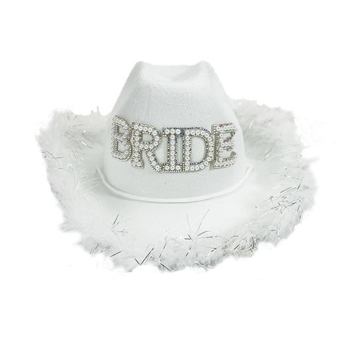 Chapeau De Cow-Girl De Mariée Avec Fausses Perles Et Strass, Bord En Fourrure, Protection Solaire À Grand Bord, Style Rétro Occidental, Spectacle Sur Scène, Casquette De Fête De Mariage-Blanc 1