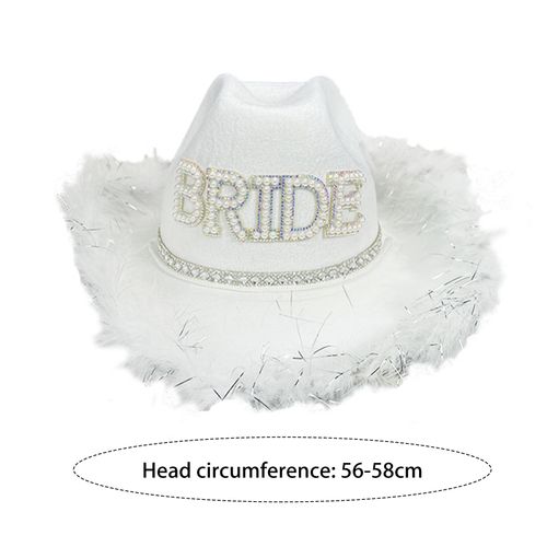 Chapeau De Cow-Girl De Mariée Avec Fausses Perles Et Strass, Bord En Fourrure, Protection Solaire À Grand Bord, Style Rétro Occidental, Spectacle Sur Scène, Casquette De Fête De Mariage-Blanc 2