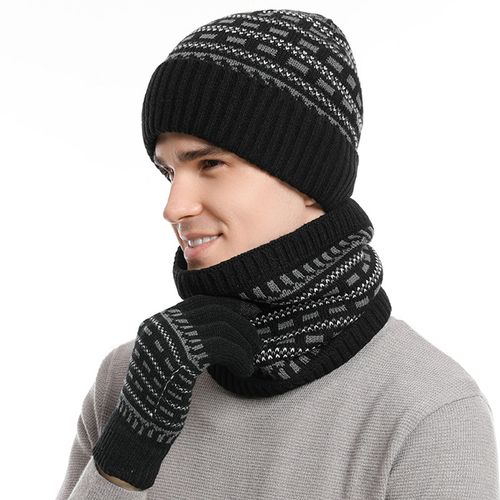 3 Pièces/Ensemble Femmes Hommes Tricot Bonnet Chapeau Gants Écharpe Ensemble Contraste Couleur Doublure Polaire Fil De Laine Tricoté Cache-Cou Chapeau Mitaines Ensemble-Noir