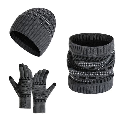 3 Pièces/Ensemble Femmes Hommes Tricot Bonnet Chapeau Gants Écharpe Ensemble Contraste Couleur Doublure Polaire Fil De Laine Tricoté Cache-Cou Chapeau Mitaines Ensemble-Gris Clair