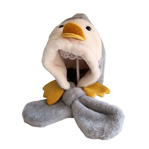 Chapeau Pour Enfants En Forme De Pingouin De Dessin Animé, Double Polaire, Texture Douce, Garde Au Chaud, Chapeau D'hiver En Peluche Pour L'extérieur-Gris