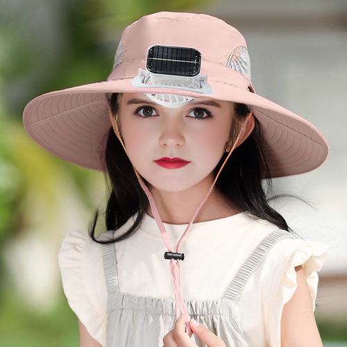 Chapeau De Soleil Extérieur À Large Bord Avec Ventilateur À Énergie Solaire, Conception En Maille Respirante, Protection Uv, Chapeau Pour Enfants Garçons-Rose