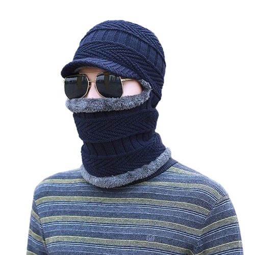 Chapeau D'hiver Pour Hommes, Pare-Soleil Thermique Tricoté Élastique À Bord Court, Protection Complète Antidérapante, Unisexe, Plein Air, Camping, Ski, Cagoule, Chapeau, Écharpe, Couvre-Chef Intégré-Bleu Marine