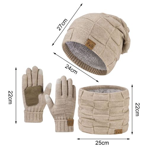 3 Pièces/Ensemble Chapeau Écharpe Ensemble De Gants Épais Tricoté Bonnet Chaud Gants De Grande Friction Élastique Protection Des Oreilles Coupe-Vent Hiver Extérieur Cyclisme Ski Dôme Casquette Cou Enveloppement Ensemble-Beige