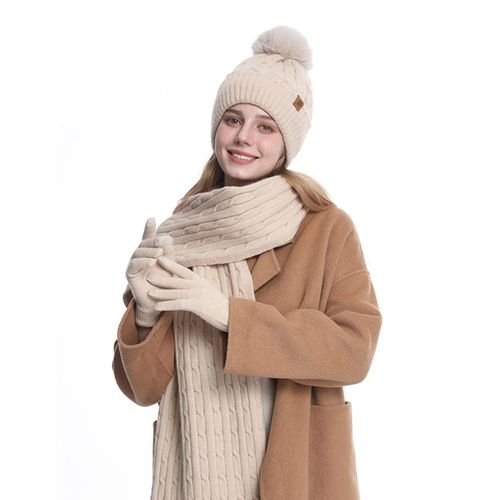 3 Pièces/Ensemble Hiver Chapeau Écharpe Gants Ensemble Femmes En Peluche Boule Décor Bonnet Chapeau Tricoté Longue Écharpe Écran Tactile Gants Ensemble Torsion Texture Peluche Doublure Ensemble Chaud-Beige