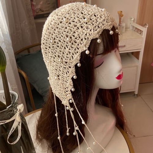 Chapeau Pour Femme, Couleur Unie, Design En Fausses Perles, Super Doux, Respirant, Résistant À L'usure, Pour Printemps Et Automne, Bonnet Tricoté, Décoration Pour Un Usage Quotidien-Beige