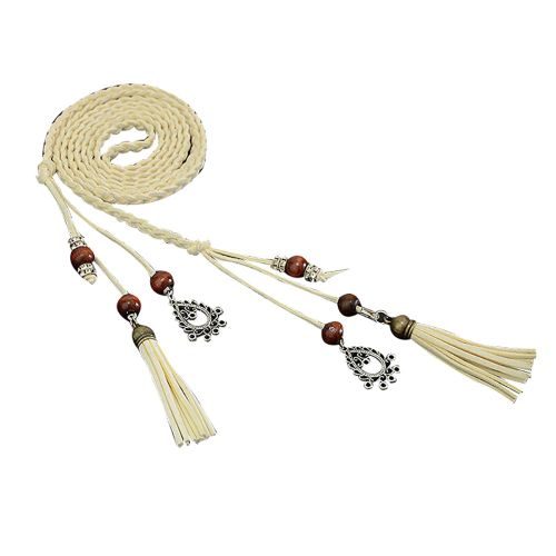 Femmes Tressées Perles Glands Mince Taille Maigre Corde Ceinture Auto-Cravate Robe Ceinture-Beige