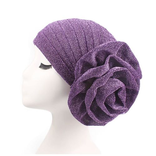 Bonnet Chapeau Couleur Unie Grande Fleur Design Confortable Chaud Sans Bord Turban Casquette Femmes Accessoires-Violet
