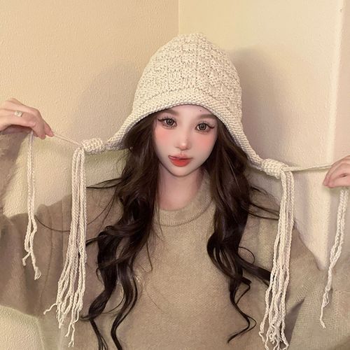 Chapeau D'hiver Pour Femme Avec Pompon Long Épais Tricoté Élastique Antidérapant Doux Protection Des Oreilles Couleur Unie Respirant Coupe-Vent Décoratif-Beige