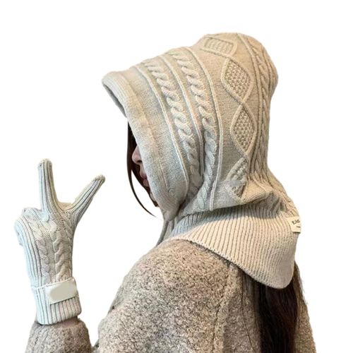 Chapeau Écharpe Épais Pour Femmes, Imitation Cachemire, Couleur Unie, Texture Jacquard, Cordon De Serrage, Coupe-Vent, Automne Et Hiver-Beige