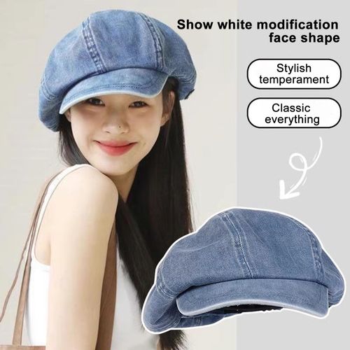 Chapeau Octogonal Pour Femme Baggy Rétro Cowboy Couleur Unie Léger À Long Bord Respirant Protection Solaire Anti-Uv Accessoire Photo Chapeau De Peintre Béret D'été-Bleu Clair