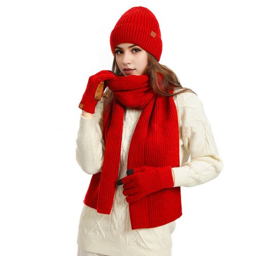 3 Pièces/Ensemble Unisexe Hiver Bonnet Écharpe Gants Ensemble Épais Tricoté Bonnet Chaud Gants De Paume À Grande Friction Élastique Protection Des Oreilles Coupe-Vent Hiver Extérieur Cyclisme Dôme Cou Chaîne Ensemble-Rouge