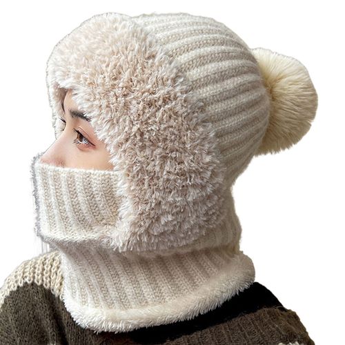 Chapeau D'hiver Pour Femme Avec Écharpe Intégrée, Tricoté Épais Et Chaud, Coupe-Vent, Haute Élasticité, Protection Complète, Voyage En Plein Air, Casquette Par Temps Froid-Beige