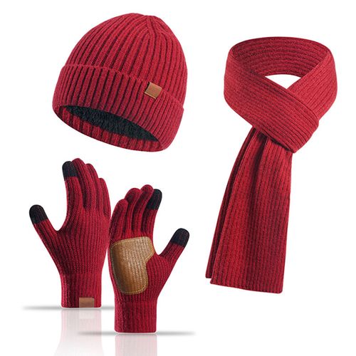 3 Pièces/Ensemble Unisexe Hiver Bonnet Écharpe Gants Ensemble Épais Tricoté Bonnet Chaud Gants De Paume À Grande Friction Élastique Protection Des Oreilles Coupe-Vent Hiver Extérieur Cyclisme Dôme Cou Chaîne Ensemble-Vin Rouge