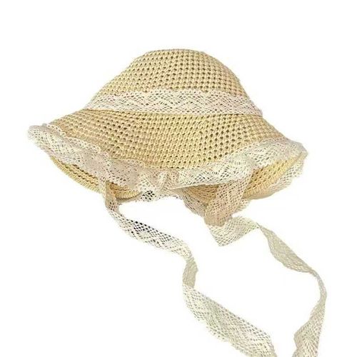 Chapeau De Soleil En Paille À Large Bord, Tricoté, Creux, Avec Sangle En Dentelle, Décoration, Chapeau De Plage D'été Pour Randonnée, Sortie, Voyage-Beige