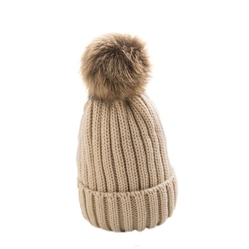Bonnet Tricoté À Pompon De Couleur Unie Pour Femme, Bonnet De Ski Épais Et Chaud, Extensible, Hiver-Beige
