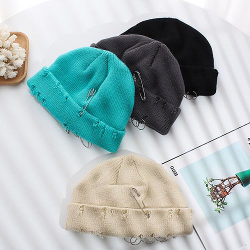 Chapeau Tricoté Hip Hop Déchiré Avec Anneau En Métal, Couleur Unie, Garde Au Chaud, Fil De Laine, Automne Hiver, Bonnet Pour L'extérieur Pour Femmes-Orange