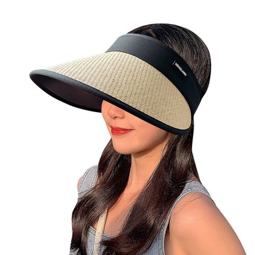 Large Bord Vide Haut Réglable Boucle Chapeau De Soleil Été Patchwork Couleur Femmes Parasol Chapeau Accessoires De Mode-Beige