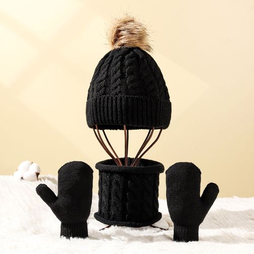 Ensemble De Gants Et Écharpe Tricotés Pour Enfants, 3 Pièces/Ensemble, Confortable, Chaud, Doux, Épais, Large Application, Accessoires D'hiver-Noir