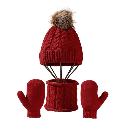 Ensemble De Gants Et Écharpe Tricotés Pour Enfants, 3 Pièces/Ensemble, Confortable, Chaud, Doux, Épais, Large Application, Accessoires D'hiver-Vin Rouge