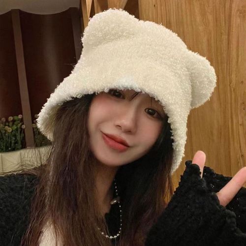 Chapeau D'hiver Tricoté Doux Et Épais Pour Femmes, Protection Des Oreilles, Couleur Unie, Élastique, Dessin Animé, Décoration D'oreille, Rétention De Chaleur Chaude, Casquette Unisexe Pour Couple-Beige