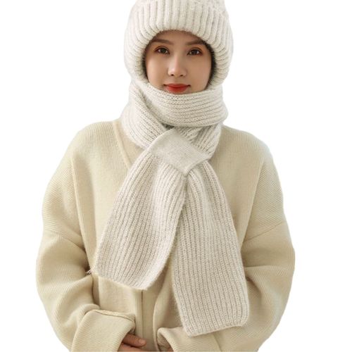 Chapeau Chaud D'hiver Avec Écharpe, Couleur Unie, Respectueux De La Peau, Coupe-Vent, Protection Des Oreilles Épaisse, Bonnet D'extérieur Pour Femmes-Beige M