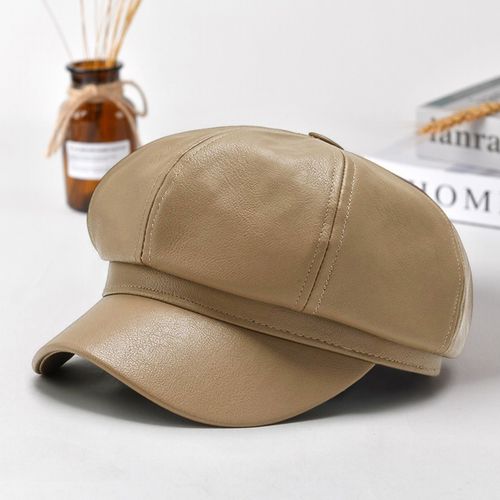 Béret Femme Printemps Eté Rétro Couleur Unie Faux Cuir Bord Court Décoratif Protection Solaire Anti-Uv Respirant Dame Peintre Chapeau Unisexe Casquette Octogonale-Kaki