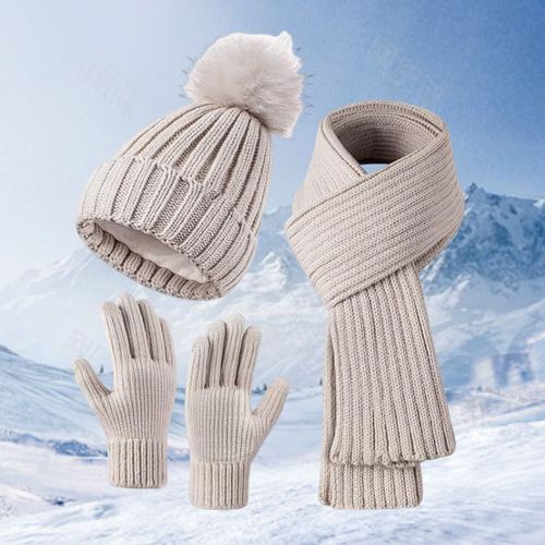 3 Pièces/Ensemble Femmes Hiver Bonnet Écharpe Gants Ensemble Épais Tricoté Bonnet Chaud Grande Friction Paume Gants Élastique Protection Des Oreilles Coupe-Vent Hiver Extérieur Cyclisme Dôme Cou Chaîne Ensemble-Beige