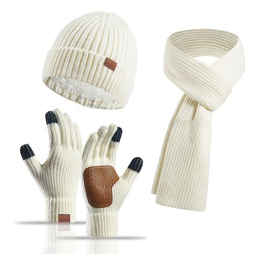 3 Pièces/Ensemble Unisexe Hiver Bonnet Écharpe Gants Ensemble Épais Tricoté Bonnet Chaud Gants De Paume À Grande Friction Élastique Protection Des Oreilles Coupe-Vent Hiver Extérieur Cyclisme Dôme Cou Chaîne Ensemble-Blanc