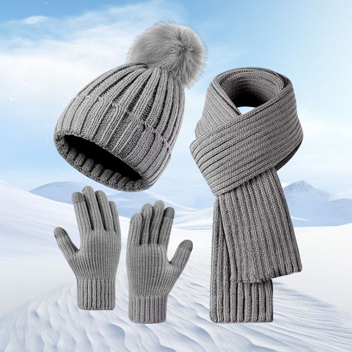 3 Pièces/Ensemble Femmes Hiver Bonnet Écharpe Gants Ensemble Épais Tricoté Bonnet Chaud Grande Friction Paume Gants Élastique Protection Des Oreilles Coupe-Vent Hiver Extérieur Cyclisme Dôme Cou Chaîne Ensemble-Gris Clair