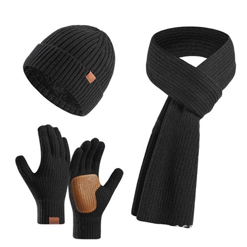 3 Pièces/Ensemble Unisexe Hiver Bonnet Écharpe Gants Ensemble Épais Tricoté Bonnet Chaud Gants De Paume À Grande Friction Élastique Protection Des Oreilles Coupe-Vent Hiver Extérieur Cyclisme Dôme Cou Chaîne Ensemble-Noir