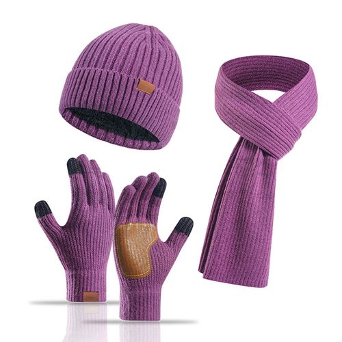 3 Pièces/Ensemble Unisexe Hiver Bonnet Écharpe Gants Ensemble Épais Tricoté Bonnet Chaud Gants De Paume À Grande Friction Élastique Protection Des Oreilles Coupe-Vent Hiver Extérieur Cyclisme Dôme Cou Chaîne Ensemble-Violet Foncé