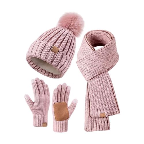 3 Pièces/Ensemble Femmes Hiver Bonnet Écharpe Gants Ensemble Épais Tricoté Bonnet Chaud Grande Friction Paume Gants Élastique Protection Des Oreilles Coupe-Vent Hiver Extérieur Cyclisme Dôme Cou Chaîne Ensemble-Rose