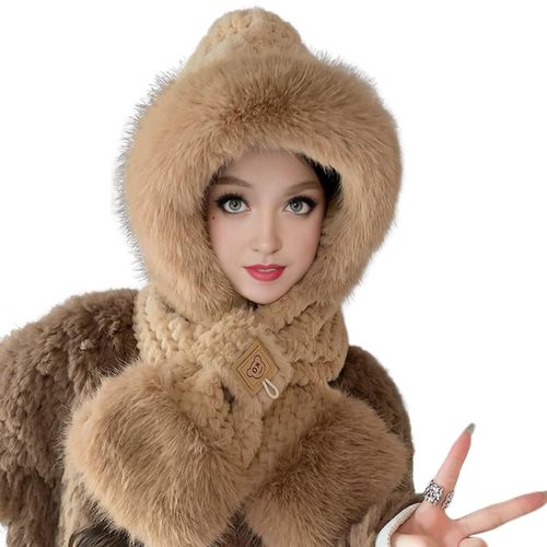 Chapeau Et Écharpe Intégrés D'hiver Pour Femmes, Polaire Épaisse, Chaud, Décor D'oreille D'ours De Dessin Animé, Coupe-Vent, Protection Complète, Voyage En Plein Air, Temps Froid, Snowboard, Camping-Kaki