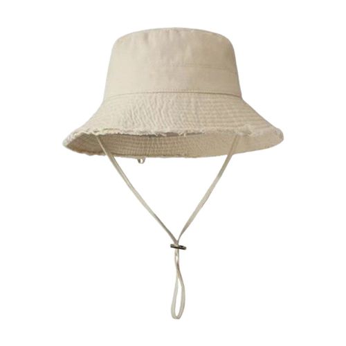 Chapeau De Pêcheur Avec Larges Bavures, Protection Solaire, Cordons Réglables, Chapeau De Bassin De Couleur Unie, Chapeau De Protection Solaire Pour Femmes-Beige