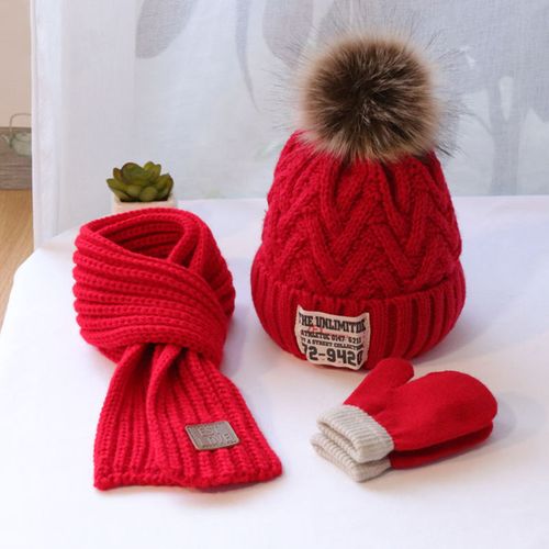 Ensemble Bonnet, Écharpe Et Gants Pour Enfants, Couleur Unie, Décor De Boule En Peluche, Mitaines, Logo, Cadeau D'hiver, 3 Pièces/Ensemble-Rouge Grand