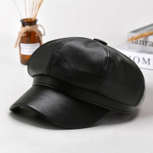 Béret Femme Printemps Eté Rétro Couleur Unie Faux Cuir Bord Court Décoratif Protection Solaire Anti-Uv Respirant Dame Peintre Chapeau Unisexe Casquette Octogonale-Noir