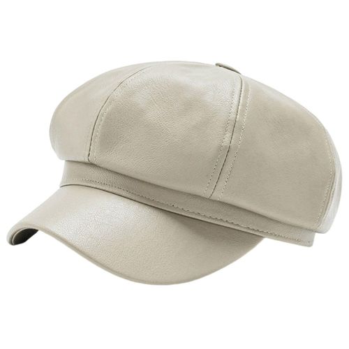 Béret Femme Printemps Eté Rétro Couleur Unie Faux Cuir Bord Court Décoratif Protection Solaire Anti-Uv Respirant Dame Peintre Chapeau Unisexe Casquette Octogonale-Beige