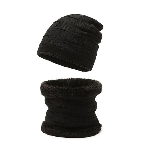 2 Pièces/Ensemble Hommes Chapeau Écharpe Ensemble Tricoté Haute Élasticité Anti-Dérapant Confortable Chaud Couleur Unie Tricoté Épais Peluche Hiver Cyclisme Équitation Bonnet Cou Plus Chaud Ensemble-Noir