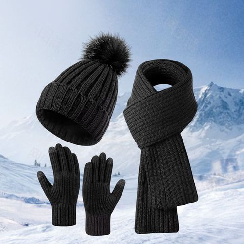 3 Pièces/Ensemble Femmes Hiver Bonnet Écharpe Gants Ensemble Épais Tricoté Bonnet Chaud Grande Friction Paume Gants Élastique Protection Des Oreilles Coupe-Vent Hiver Extérieur Cyclisme Dôme Cou Chaîne Ensemble-Noir
