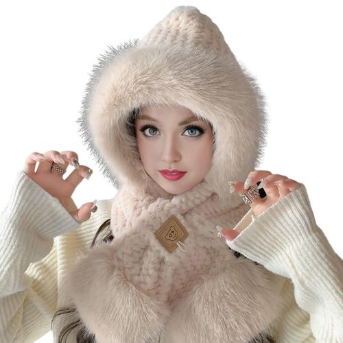 Chapeau Et Écharpe Intégrés D'hiver Pour Femmes, Polaire Épaisse, Chaud, Décor D'oreille D'ours De Dessin Animé, Coupe-Vent, Protection Complète, Voyage En Plein Air, Temps Froid, Snowboard, Camping-Beige1