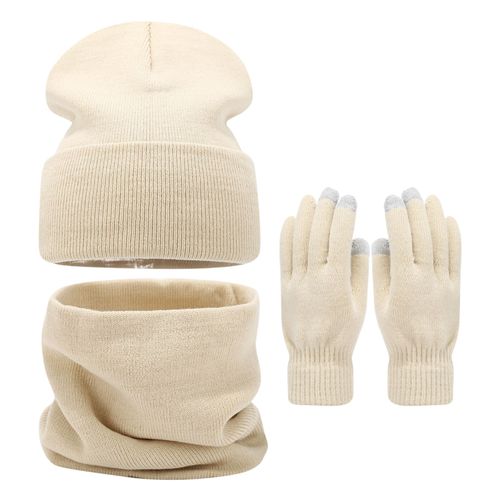 3 Pièces/Ensemble Femmes Hiver Chaud Tricot Chapeau Gants Écharpe Ensemble Polaire Doublé Écran Tactile Double Couche Thermique Casquette Cou Enveloppement Gants Ensemble-Beige
