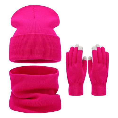 3 Pièces/Ensemble Femmes Hiver Chaud Tricot Chapeau Gants Écharpe Ensemble Polaire Doublé Écran Tactile Double Couche Thermique Casquette Cou Enveloppement Gants Ensemble-Rose Rouge