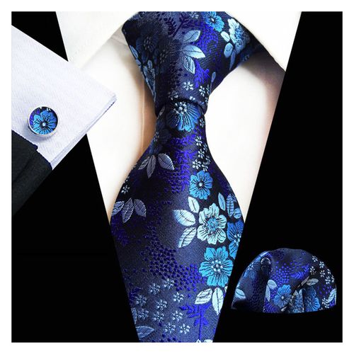 3 Pièces/Ensemble Hommes Exquis Motif Prune Cravate Poche Écharpe Boutons De Manchette Ensemble Couleur Vibrante Cravate Mouchoir Broche Boutons De Manchette Ensemble Costume Accessoires-Bleu Marine