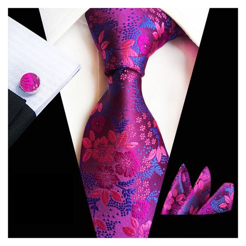3 Pièces/Ensemble Hommes Exquis Motif Prune Cravate Poche Écharpe Boutons De Manchette Ensemble Couleur Vibrante Cravate Mouchoir Broche Boutons De Manchette Ensemble Costume Accessoires-Rose Rouge