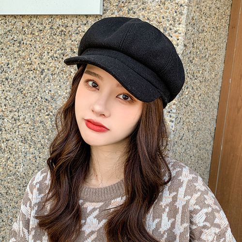 Béret Chapeaux Couture Exquise Laine Épaisse Décontracté Tout Assorti Décoratif Hiver Béret Casquettes Pour Les Femmes-Noir