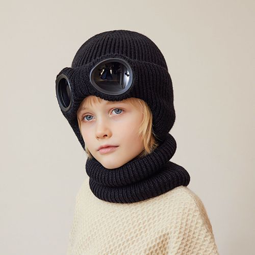 Automne Hiver Enfants Chapeau Verre Décor Tricoté Épais Chaud Doux Haute Élasticité Protection Complète Résistant Au Froid Unisexe Hiver Casquette Chapeaux-Noir