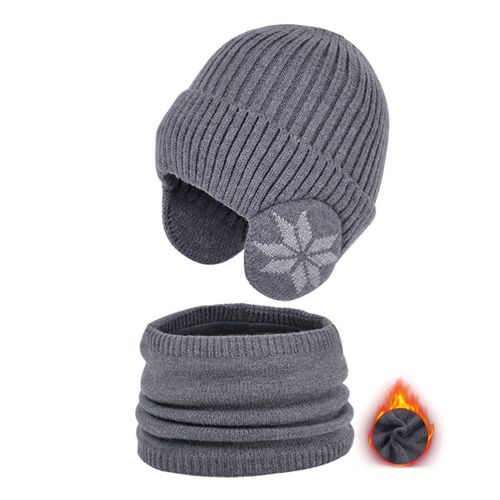 Ensemble De Chapeau Et Écharpe Pour Enfants, Imprimé, Épais, Élastique, Chaud, Antidérapant, Dôme Doux, Coupe-Vent, Capuchon De Protection Du Cou, Ensemble De Chaîne Du Cou, Hiver-Gris Foncé